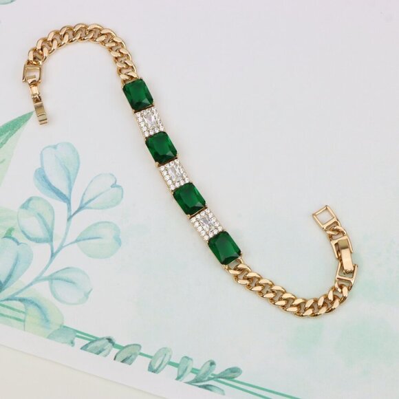 "Elegant Rose Gold Bracelet with Emerald Green and White Stones, XPBL0809 - Picture 4 of 12